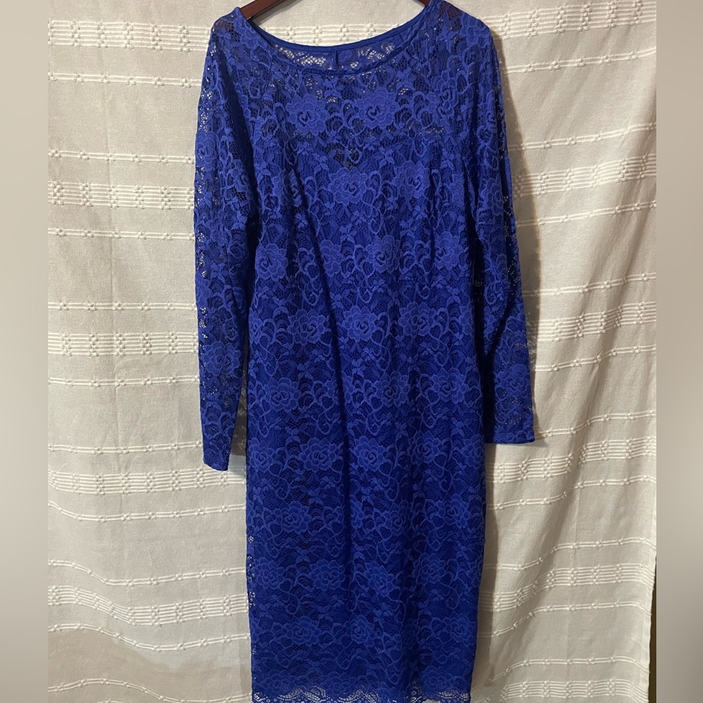 Candalite Blue Lace Lined Floral Sheath Dress